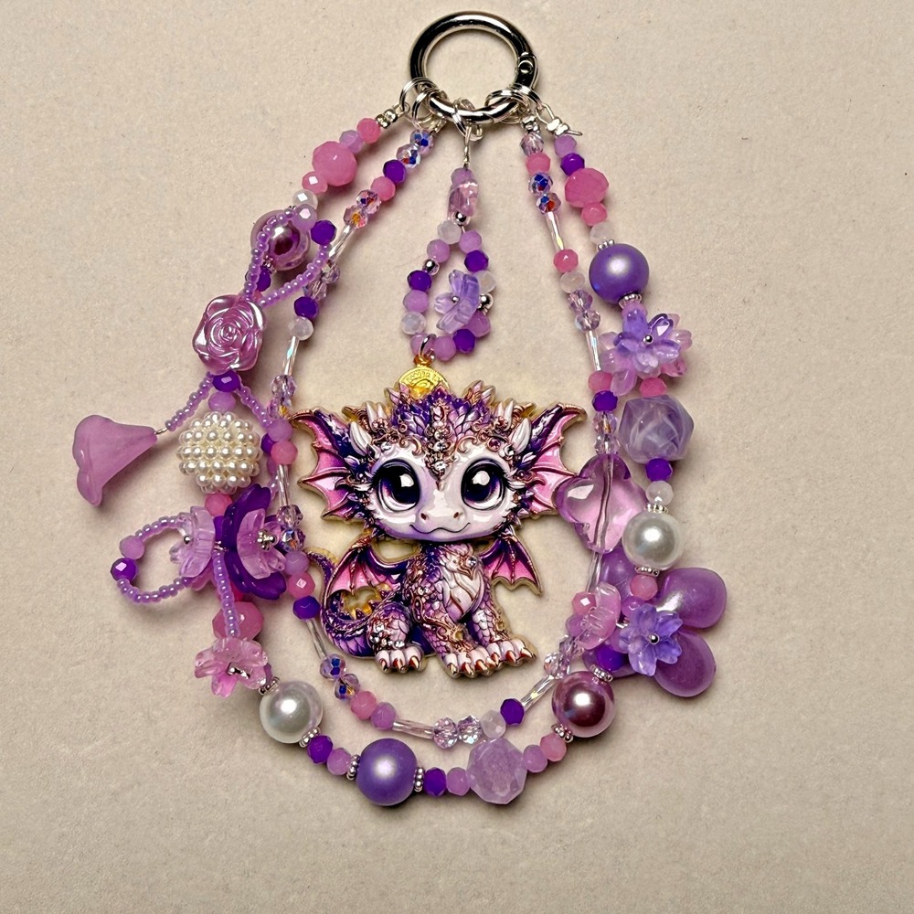 Purple Dragon Phone Wristlet Keychain Beaded Fantasy Kawaii Bag Charm Handmade